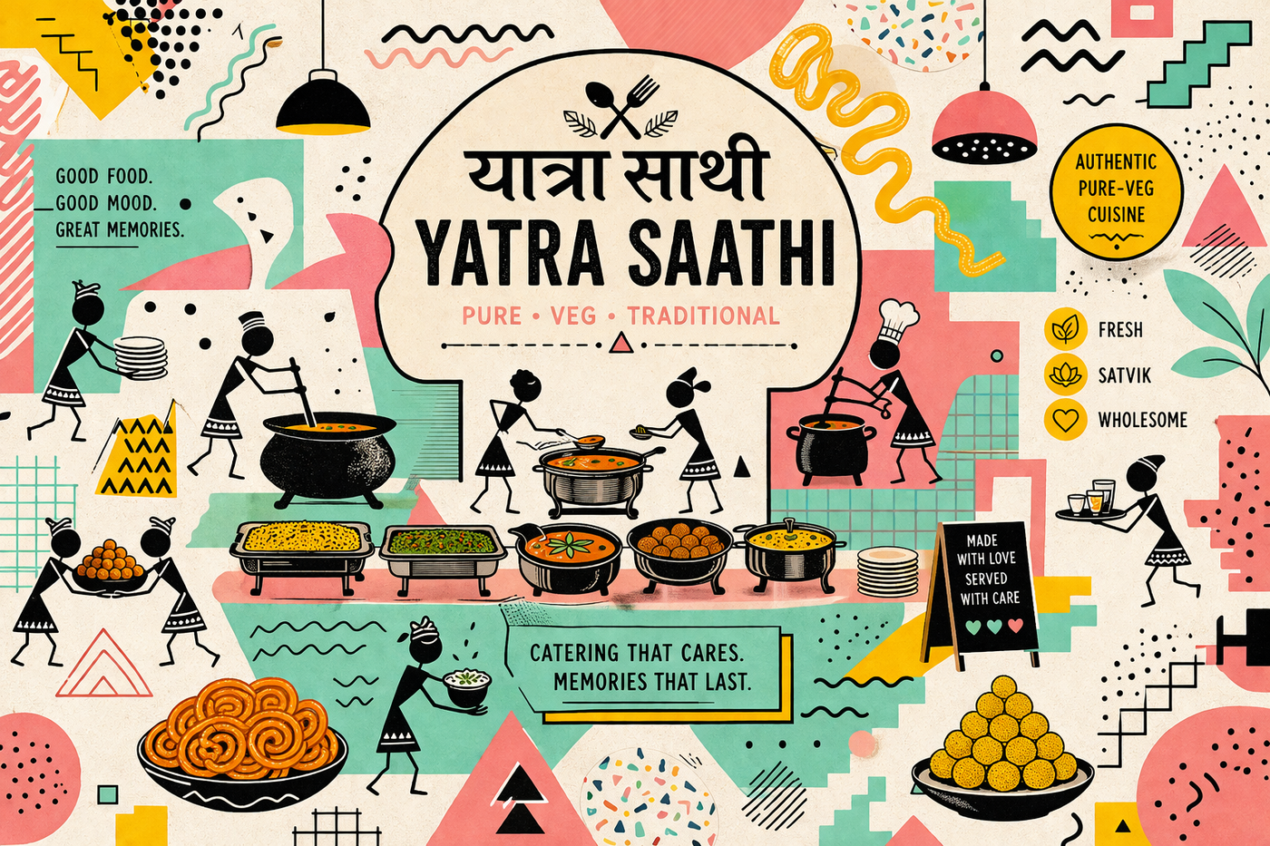 Yatra Saathi Catering Services — wedding-tent buffet line with chafing dishes, tandoor station, PURE VEG marker, guests plating food under string lights